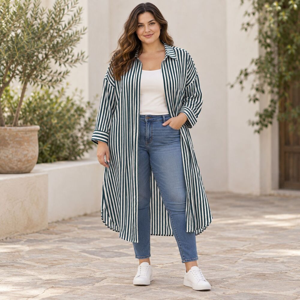 Torrid Sz 2 2X Teal White Striped Shirt Open Front Gauze Duster Roll Tab Sleeve